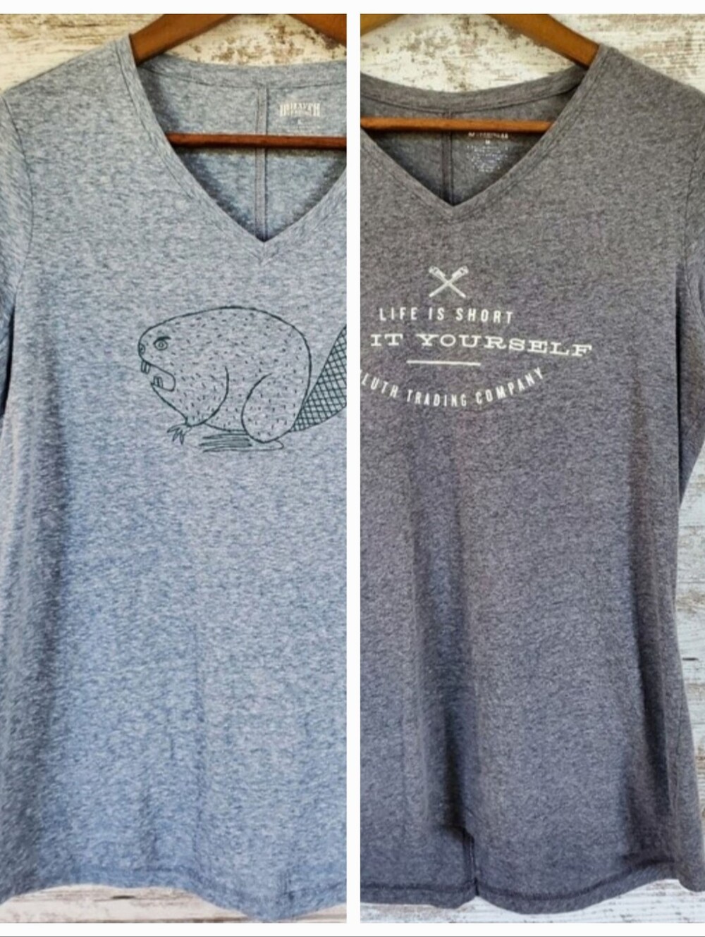 Duluth Trading Co Womens Heather V-Neck T-Shirt Set Beaver Fix It Yourself